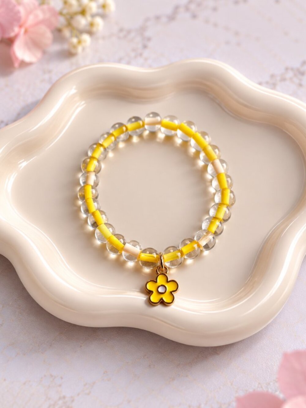 Yellow Daisy Kids Bracelet, Handmade Glass Beaded Bracelet, 5 inches